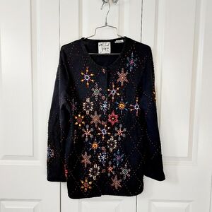 Beaded Argyle Shiny Bright Snowflake Christmas Sweater Large Michael Simon
